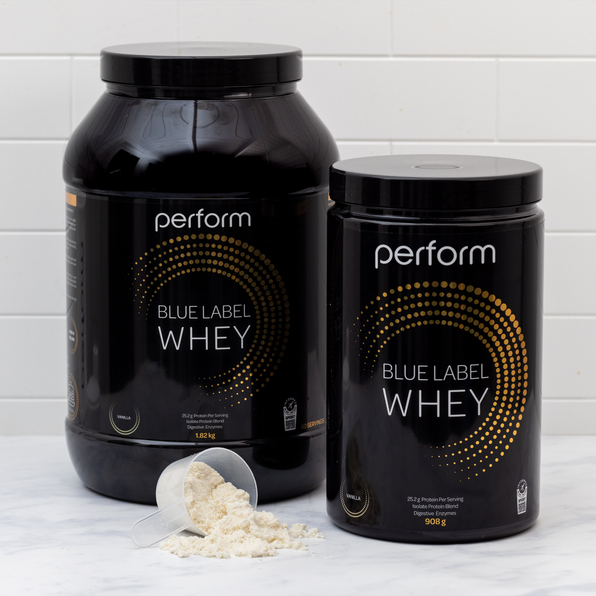 Blue Label Whey Protein Vanilla, Chocolate, Isolate Protein, Informed Sport Tested on countertop